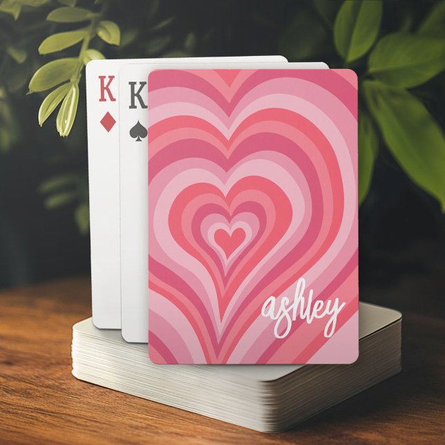 Psychedelic Hearts Calligraphy Script Namn Pinks Casinokort (Custom Playing Cards)