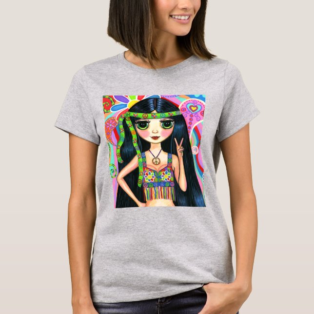 Psychedelic Hippie Chick Fredstecken Headband 1960 T Shirt (Framsida)