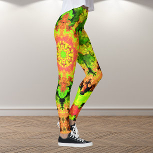 Psychedelic Hippie Flower Grönt Orange och Red Leggings