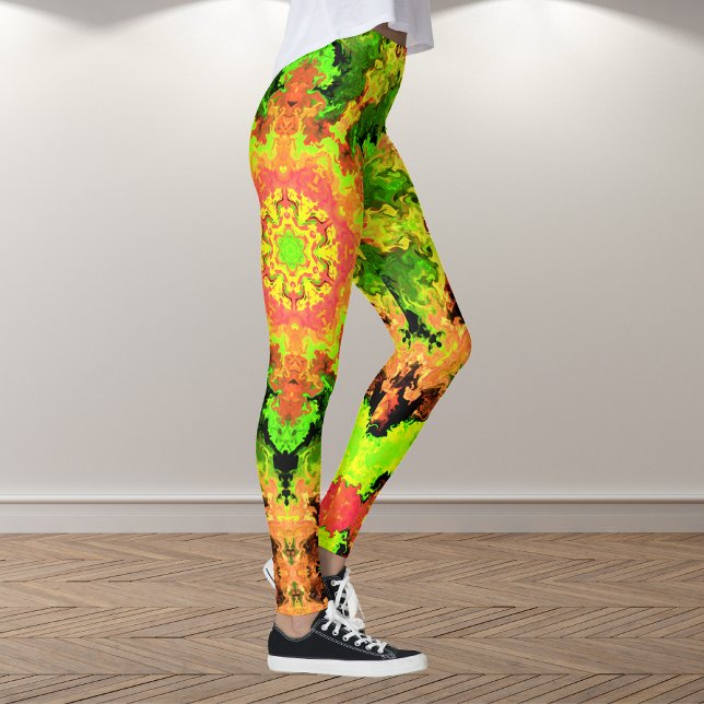 Psychedelic Hippie Flower Grönt Orange och Red Leggings (Skapare uppladdad)
