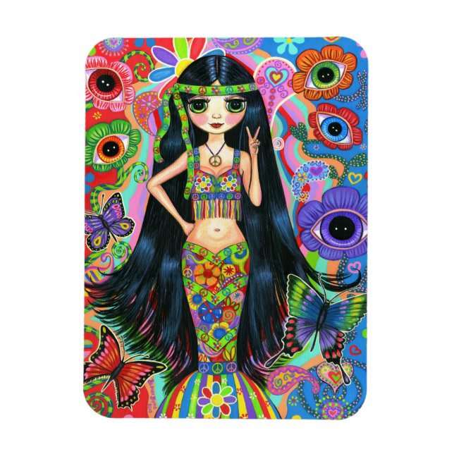 Psychedelic Hippie Girl Sjöjungfru Fredstecken Gro Magnet (Vertikal)
