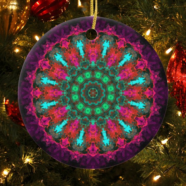 Psychedelic Hippie Lila Rosa och Teal Julgransprydnad Keramik (Skapare uppladdad)