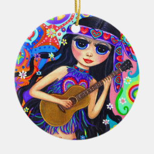 Psychedelic Hippie Sjöjungfru Girl Guitar Cute Hea Julgransprydnad Keramik
