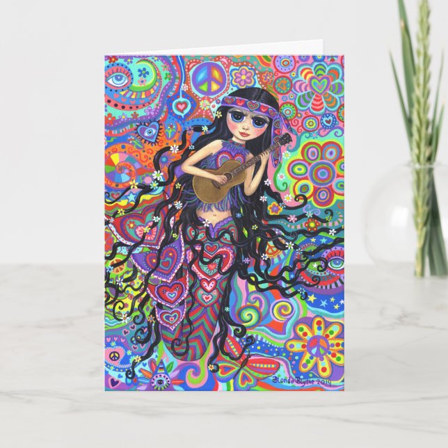 Psychedelic Hippie Sjöjungfru Girl spelar Guitar Kort (Framsida)