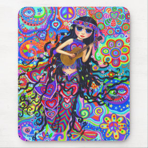 Psychedelic Hippie Sjöjungfru Girl spelar Guitar Musmatta
