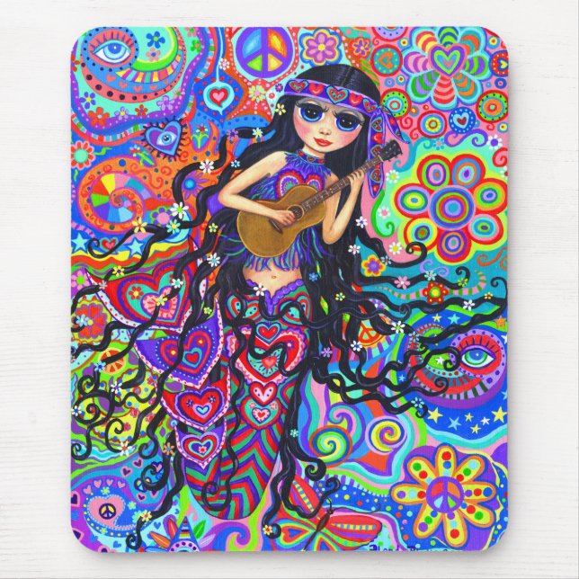 Psychedelic Hippie Sjöjungfru Girl spelar Guitar Musmatta (Framsidan)