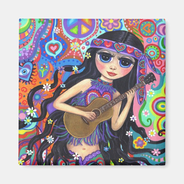 Psychedelic Hippie Sjöjungfru Girl with Guitar Pea Magnet (Framsidan)