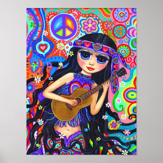 Psychedelic Hippie Sjöjungfru Girl with Guitar Pea Poster (Framsidan)
