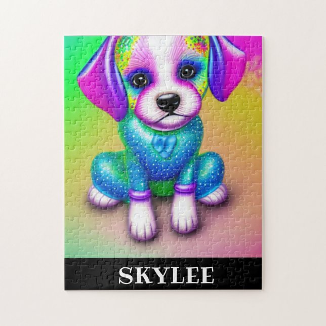 PSYCHEDELIC HUND PUZZLE MED PERSONLIG NAMN. PUSSEL (Vertikal)