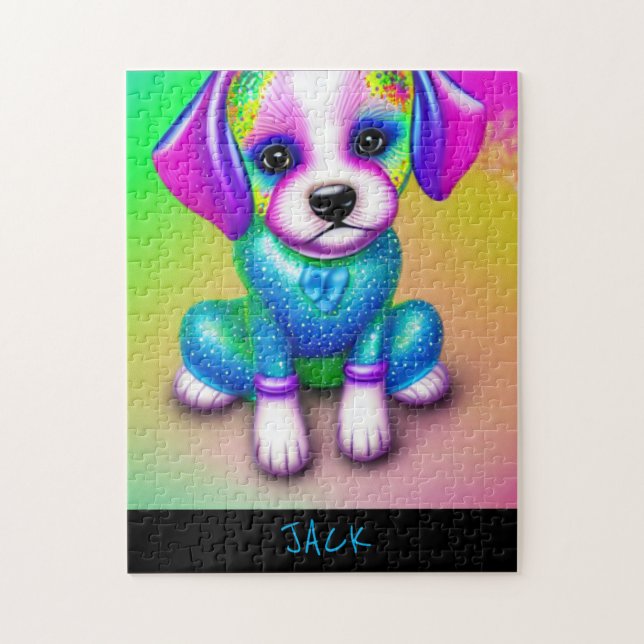 PSYCHEDELIC HUND PUZZLE MED PERSONLIG NAMN. PUSSEL (Vertikal)