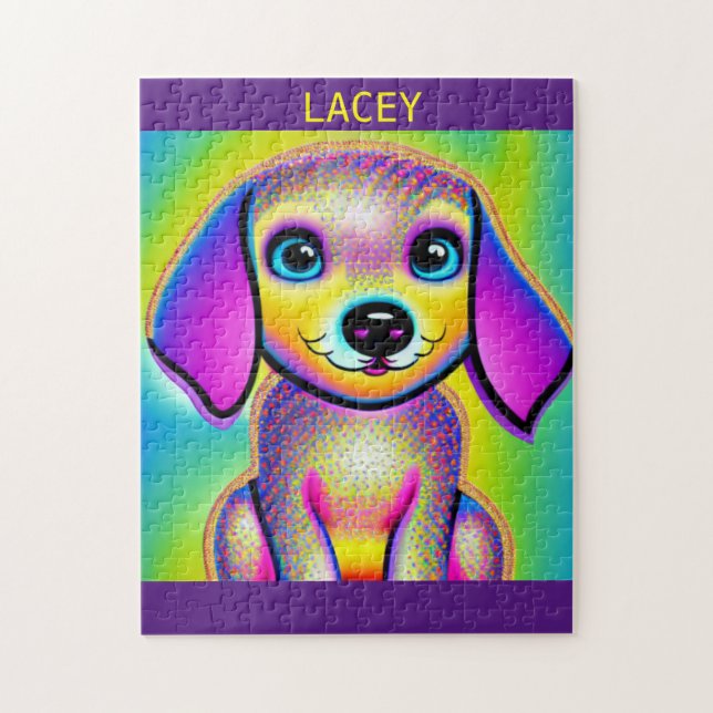 PSYCHEDELIC HUND PUZZLE MED PERSONLIG NAMN. PUSSEL (Vertikal)
