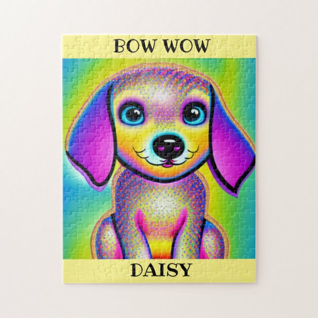PSYCHEDELIC HUND PUZZLE MED PERSONLIG NAMN. PUSSEL (Vertikal)