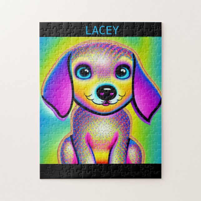 PSYCHEDELIC HUND PUZZLE MED PERSONLIG NAMN. PUSSEL (Vertikal)
