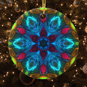 Psychedelic Kaleidoscope Blue Rosa och Grönt Julgransprydnad Keramik