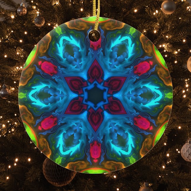 Psychedelic Kaleidoscope Blue Rosa och Grönt Julgransprydnad Keramik (Skapare uppladdad)