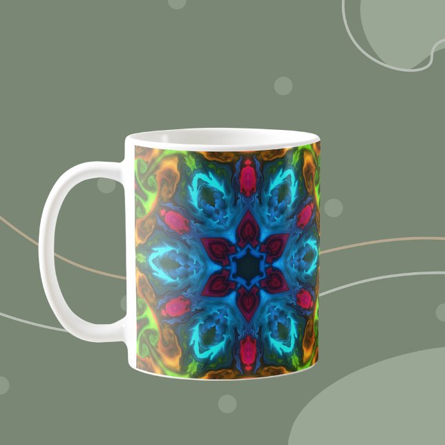 Psychedelic Kaleidoscope Blue Rosa och Grönt Kaffemugg (Skapare uppladdad)