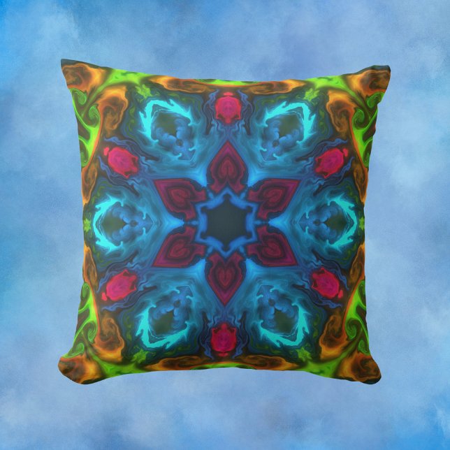 Psychedelic Kaleidoscope Blue Rosa och Grönt Kudde (Skapare uppladdad)