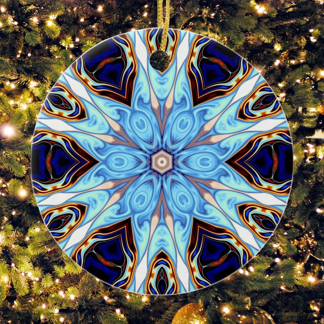Psychedelic Kaleidoscope Flower Blue och Orange Julgransprydnad Keramik (Skapare uppladdad)