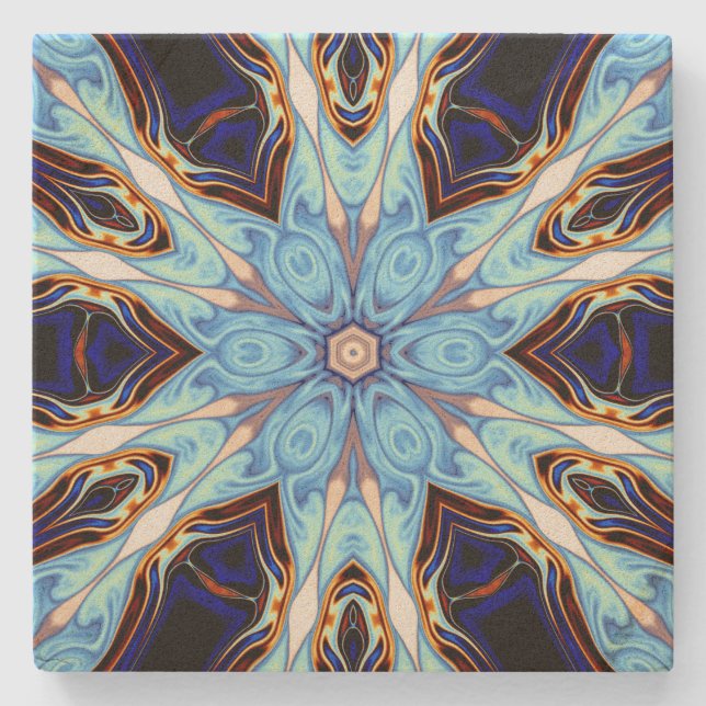 Psychedelic Kaleidoscope Flower Blue och Orange Stenunderlägg (Framsidan)
