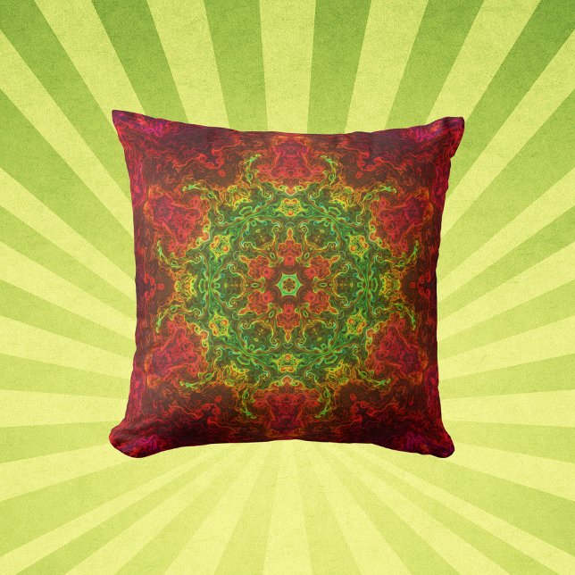 Psychedelic Kaleidoscope Flower Grönt and Red Kudde (Skapare uppladdad)