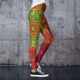 Psychedelic Kaleidoscope Flower Grönt and Red Leggings