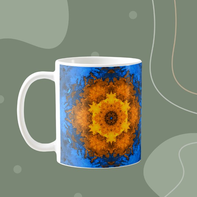 Psychedelic Kaleidoscope Flower Gult and Blue Kaffemugg (Skapare uppladdad)