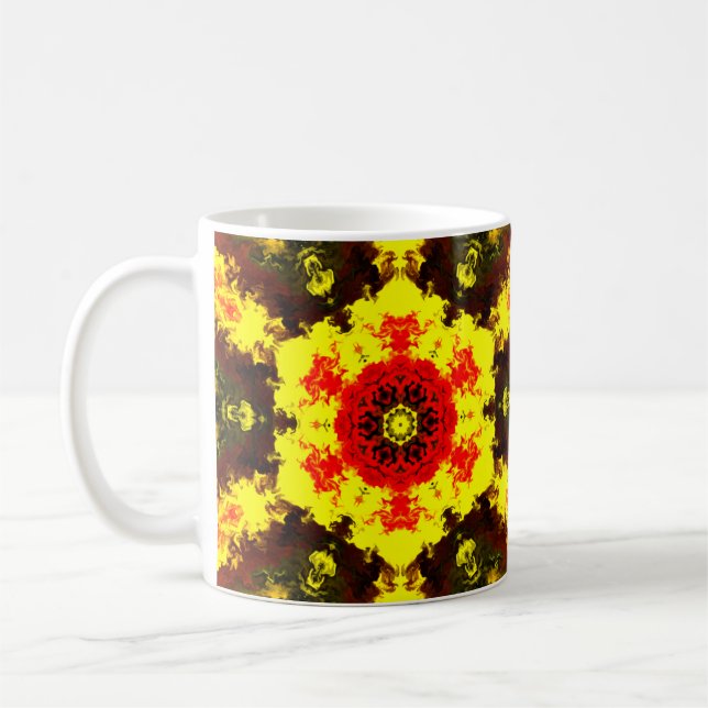 Psychedelic Kaleidoscope Flower Gult and Red Kaffemugg (Vänster)