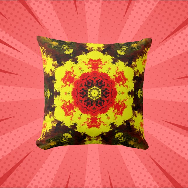Psychedelic Kaleidoscope Flower Gult and Red Kudde (Skapare uppladdad)