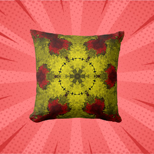 Psychedelic Kaleidoscope Flower Red and Gult Kudde