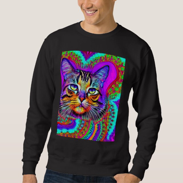 Psychedelic Kitty Kitten Lover In Cat Art Style_3 Lång Ärmad Tröja (Framsida)