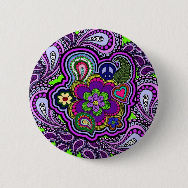 Psychedelic Lila Paisley Button Knapp (Framsida)