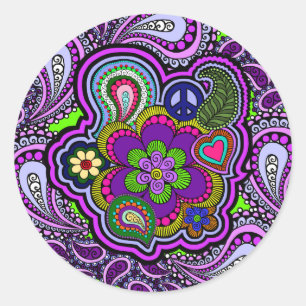 Psychedelic Lila Paisley Sticker Runt Klistermärke