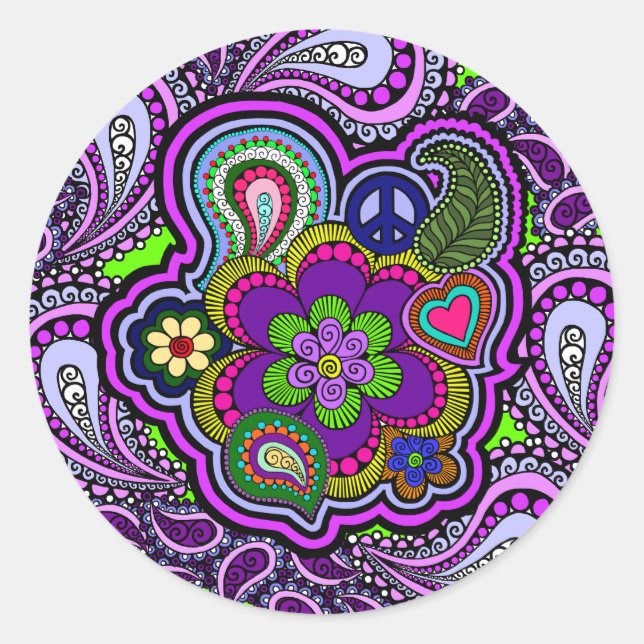 Psychedelic Lila Paisley Sticker Runt Klistermärke (Framsida)