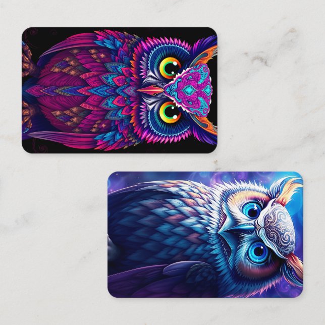 Psychedelic Magenta & Blå Uggla | Trippig Abstrakt Visitkort (Fram/baksida)