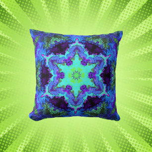 Psychedelic Mandala Flower Blue Grönt and Lila Kudde