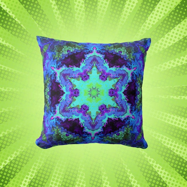 Psychedelic Mandala Flower Blue Grönt and Lila Kudde (Skapare uppladdad)