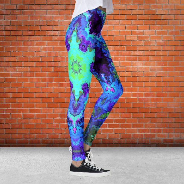Psychedelic Mandala Flower Blue Grönt and Lila Leggings (Skapare uppladdad)