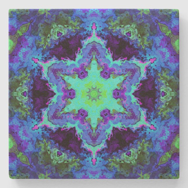 Psychedelic Mandala Flower Blue Grönt and Lila Stenunderlägg (Framsidan)