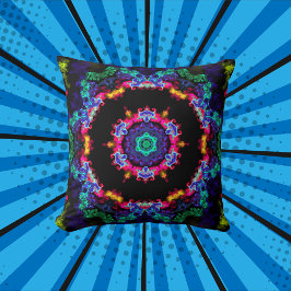 Psychedelic Mandala Flower Blue-Grönt och -Gult Kudde