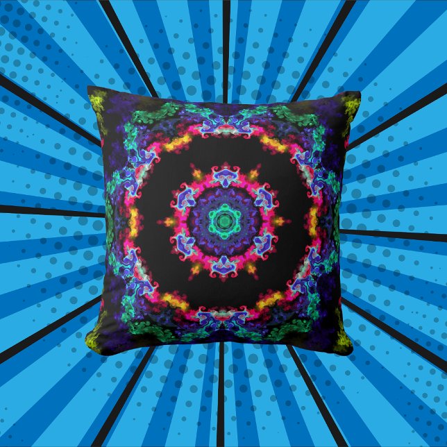 Psychedelic Mandala Flower Blue-Grönt och -Gult Kudde (Skapare uppladdad)