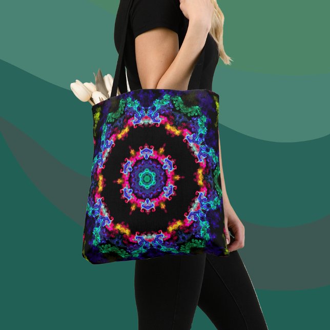 Psychedelic Mandala Flower Blue-Grönt och -Gult Tygkasse (Skapare uppladdad)