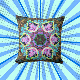 Psychedelic Mandala Flower Blue Gult and Rosa Kudde