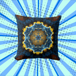 Psychedelic Mandala Flower Blue-Gult och -Orange Kudde