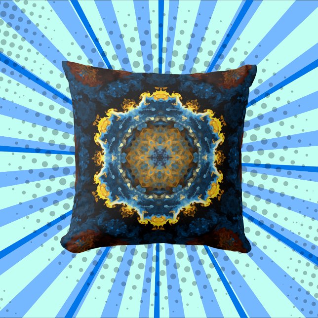 Psychedelic Mandala Flower Blue-Gult och -Orange Kudde (Skapare uppladdad)