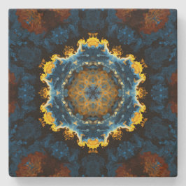 Psychedelic Mandala Flower Blue-Gult och -Orange Stenunderlägg
