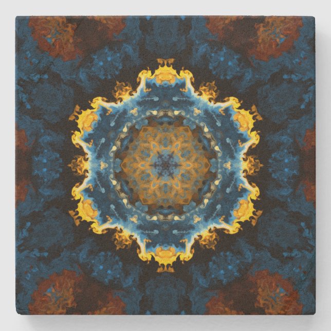 Psychedelic Mandala Flower Blue-Gult och -Orange Stenunderlägg (Framsidan)