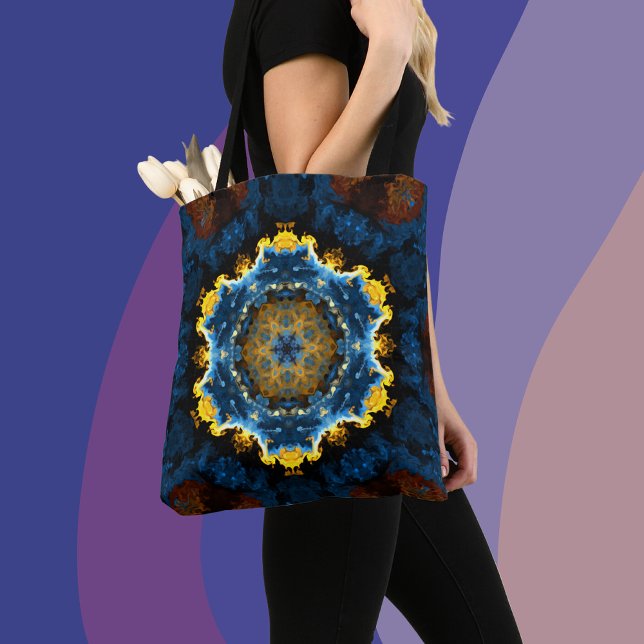Psychedelic Mandala Flower Blue-Gult och -Orange Tygkasse (Skapare uppladdad)