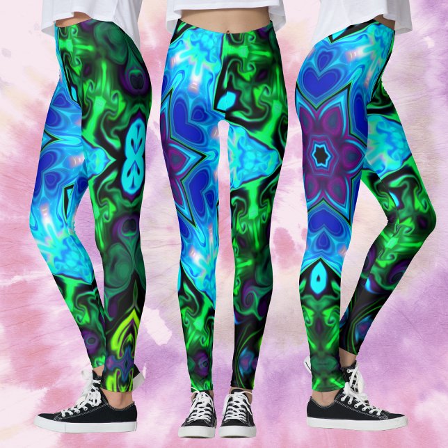 Psychedelic Mandala Flower Blue Lila and Grönt Leggings (Skapare uppladdad)