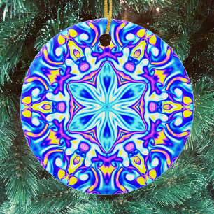 Psychedelic Mandala Flower Blue Lila and Gult Julgransprydnad Keramik