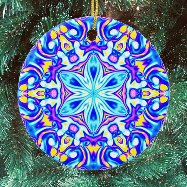 Psychedelic Mandala Flower Blue Lila and Gult Julgransprydnad Keramik (Skapare uppladdad)